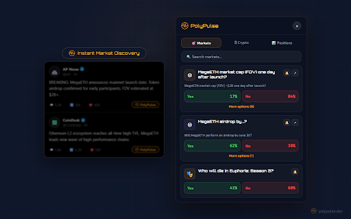 PolyPulse - Your Polymarket wallet :: Your Polymarket wallet. Trade markets, view odds, and manage your portfolio directly from your X feed.