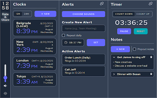 Toolbar Clock Icon, World Clocks, Alerts & Alarms, Timer, Stopwatch, Notes :: A digital clock that displays the current time in the extension icon. Set World Clocks, Alarms, Timers, Stopwatch, and create Notes.