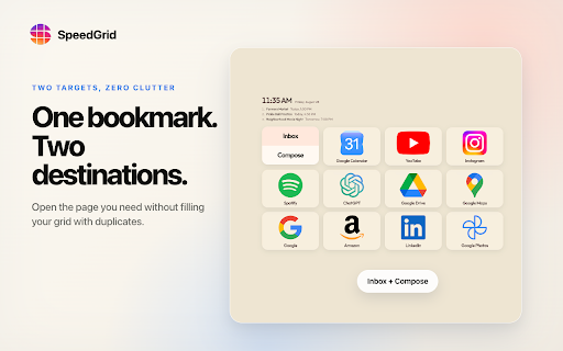 SpeedGrid New Tab :: Open an instant, locally rendered SpeedGrid on every new tab and save pages directly to your grids.