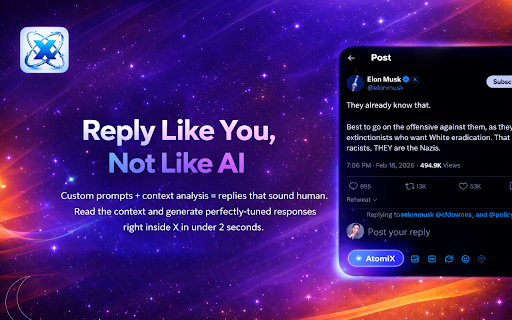 AtomiX - AI Agent for X & Discord :: The ultimate Web3 social agent. Generate contextual, human-like replies on X (Twitter) and Discord instantly.