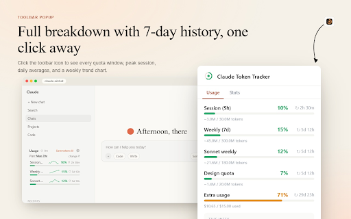 Claude Token Tracker :: Live Claude.ai quota in your sidebar. Session, Weekly, Sonnet and burn rate. No API key. Free, private, no signup.