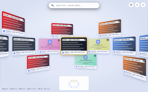 Tab Sphere :: Your open tabs on a 3D sphere. Live previews, instant search, and constellations that keep every tab visible.