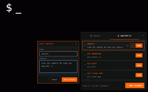 PVE Snippets :: Paste into PVE noVNC consoles or any page. Use Ctrl+V, the floating panel, or the popup to type into VMs or focused text fields.