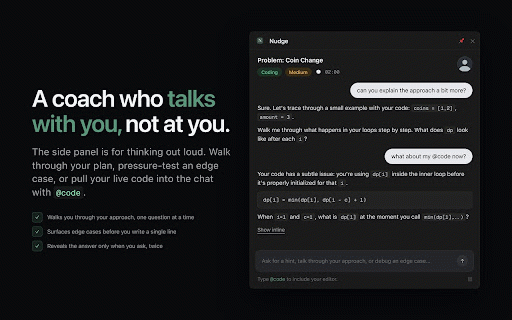 Nudge: LeetCode AI Interview Tutor :: AI-powered LeetCode tutor: adaptive hints, approach feedback, and interview coaching — built right into your editor.