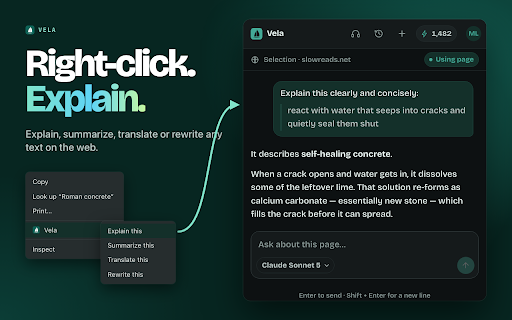 Vela AI Sidebar: GPT, Claude, Gemini, DeepSeek :: Your AI assistant in the Chrome sidebar. Chat, write, summarize pages and PDFs, translate and listen, on any tab.
