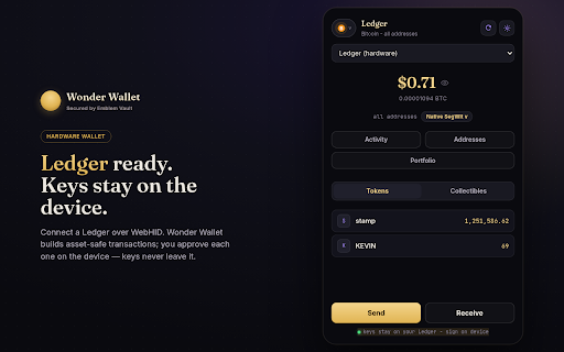 Wonder Wallet :: A self-custodial Bitcoin wallet for collectors. Your keys, your assets, and your data stay on your own device.