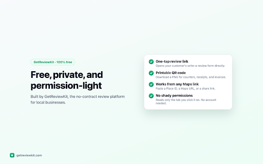Google Review Link & QR Code Generator - GetReviewKit :: Create a one-tap Google review link and printable QR code for any business in seconds. Free, no signup. By GetReviewKit.