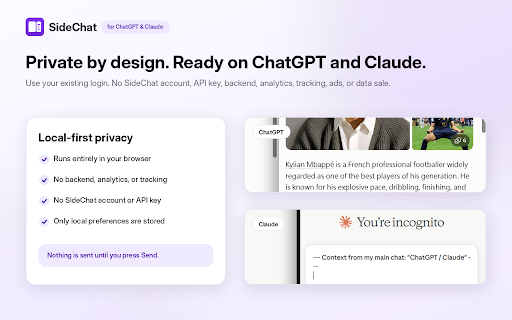 SideChat – Side Conversations for ChatGPT & Claude :: Select any text and open a docked side chat next to your main Claude or ChatGPT conversation