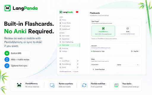 LangPanda :: Learn languages by watching content. Dictionary popup, word highlighting, and sentence mining to PandaMemory or Anki.