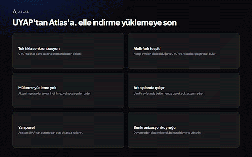 Atlas — UYAP Yapay Zekâ Asistanı :: UYAP dosyalarınızı tek tıkla Atlas'a aktarın; yapay zekâ asistanıyla dilekçe, özet ve analiz üretin.