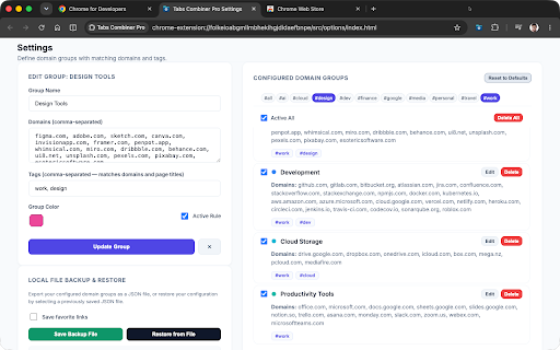 Tabs Groups Pro :: Organize opened tabs automatically by moving them into separate windows based on domain and tag categories.