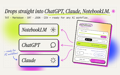 YouTube Bulk Transcripts for ChatGPT, Claude & NotebookLM | RapidFetch :: Bulk-export YouTube transcripts, video links, thumbnails & metadata for ChatGPT, Claude, NotebookLM. Free daily quota.