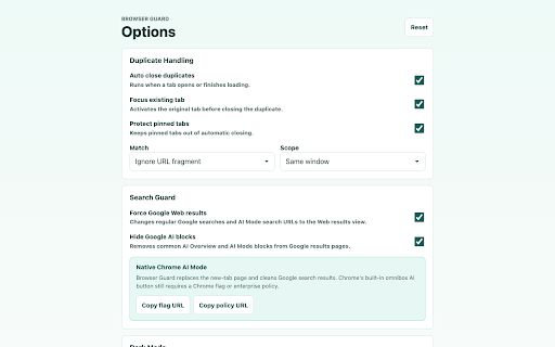 Browser Guard :: Tab cleanup, clean search, web capture, local screen recording, dark mode, media saving, audio boost, and focus blocking for Chrome.