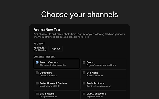 Are.na New Tab :: Replace your new tab with your are.na feed. Grid or arrow-key viewer.