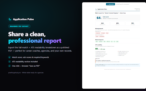 Application Pulse — Resume Matcher :: Score your resume against any job posting and see the exact keywords you're missing — privately, on your own device.