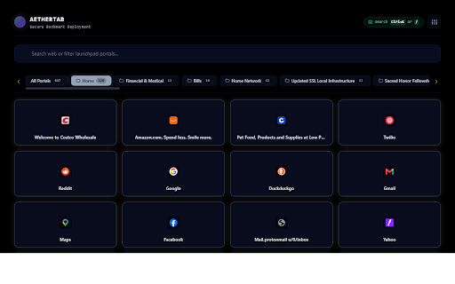 AetherTab - Speed Dial Launchpad :: Private, luminous speed dial with backlit card glow, custom categories, focus timer, clock/calendar, tasks & notes.