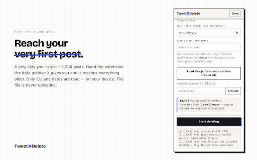 TweetXDelete — Bulk Delete Posts, Likes & Reposts on X :: Bulk-delete old X posts, likes and reposts in your own browser. No password, no account linking, no data leaves your device.