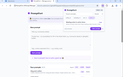 PromptFort: AI Prompt Manager :: Save, organize and reuse your best AI prompts — search, fill in variables, copy in one click. No tracking, works with every AI.