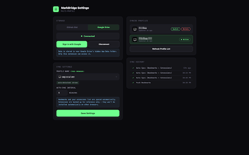 MarkBridge – Multi-Profile Sync :: Sync your bookmarks and extensions across all Chromium-based browsers via GitHub Gist or Google Drive.