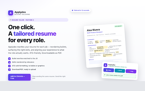 Applydex — Your Top 10 Job Matches, Resume Tailor, Detect Ghost Jobs :: Your daily Top 10 personalized LinkedIn job matches, one-click AI resume tailoring, and a Ghost Score on every posting.