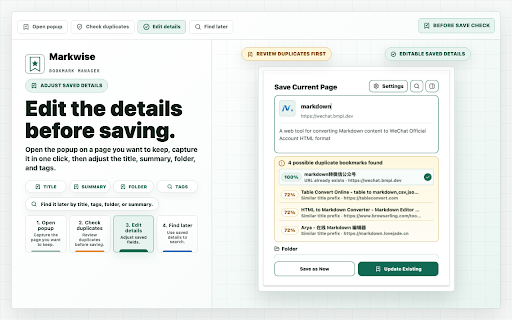 Markwise :: Local-first bookmark saving, duplicate checks, and search.