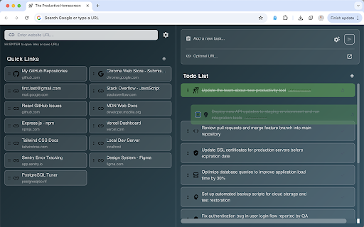 The Productive Homescreen :: Replace your new tab with a productive dashboard featuring todos and quick links