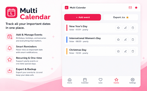 Multi Calendar — Lunar / Hijri / Jalali :: Multi-country calendar: Gregorian + Lunar (VN/CN/KR/JP), Islamic Hijri, Persian Jalali. 11 languages, dark mode, RTL.