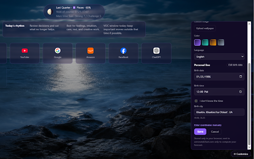 Moon Speed Dial — New Tab Start Page :: A clean speed-dial start page for your favorite sites, with today's Moon phase, sign and daily guidance on top.