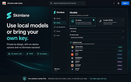 Skimlane :: Personalized reading summaries for webpages and PDFs using on-device, local, or bring-your-own-key AI.