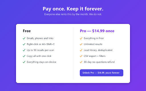 Lead Extractor - Emails, Phones & Links by MiniWebtool :: Pull every email, phone number and link off the page you're on - one click, no copy-paste. Pay once, no subscription.