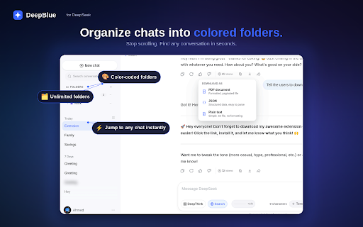 DeepBlue for DeepSeek: Search, Folders & Export :: Supercharge DeepSeek chat: search, folders, bookmarks, tone picker, token/context counters & PDF/JSON export.