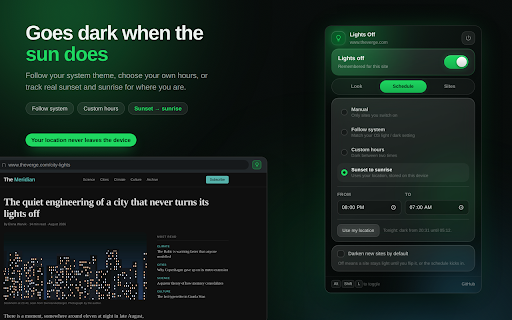 Lights Off — Dark Mode for Every Site :: Turn any website dark. Per-site memory, brightness and warmth controls, a night schedule, and a one-key shortcut.