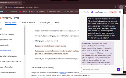 yourTerms — Legal Transparency Agent :: Understand what you're agreeing to before you click Accept. Instant GDPR analysis of Terms & Conditions.
