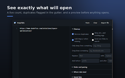 Open Multiple URLs — SnapTabs Bulk Tab Opener :: Open multiple URLs at once. Paste a list or pull links from text, clean it up, and open every link in tabs or a tab group.