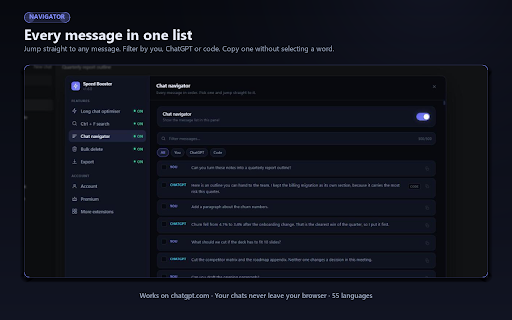 ChatGPT Speed Booster: Export, Search, Delete :: Export any ChatGPT chat as a file, search every message, bulk delete old chats and keep long conversations fast.