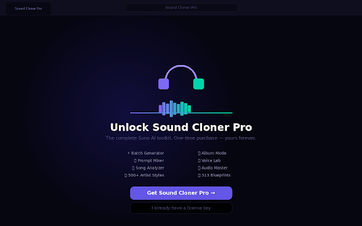 Sound Cloner Pro :: The complete Suno AI toolkit for music creators. Batch generation, 500+ artist styles, AI mastering, song analysis & more.