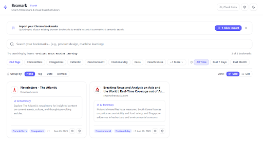Beamark - AI Bookmark Manager & Web Clipper :: Smart AI bookmark manager with visual snapshots, auto-tagging, 1-click Chrome import & semantic search. Local-first & private.