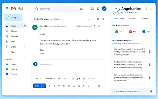 Angelscribe: AI Email Writer & Smart Reply :: A seamless AI email assistant for Gmail to draft, polish, translate, and smart reply to emails 10x faster.