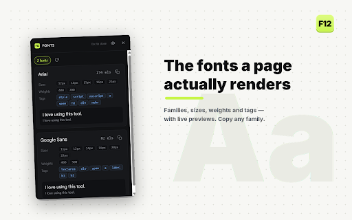 F12 :: Inspect elements, edit CSS live, and extract fonts, colors & assets from any page. One shortcut, no DevTools. 100% local.
