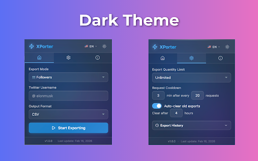 XPorter — Free X/Twitter Export: Posts, Followers · CSV/JSON/XLSX :: Export posts, followers & following from any X (Twitter) profile to CSV, JSON, Excel. Free, unlimited, 100% private. 14 languages.