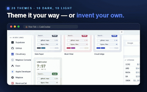 LinkCrusher New Tab Page and Dashboard :: Turn every new tab into a custom start page: organize links & bookmarks, add weather, news & stock widgets, themes, and cloud sync.