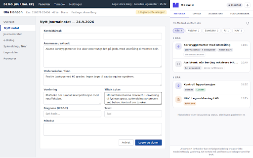 MedAid Journal Companion :: Opptak, AI-notat og AI-assistent i et sidepanel ved journalsystemet. Dra resultatet rett inn i feltene.