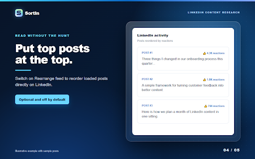 SortIn: Sort LinkedIn Posts by Likes & Comments :: Plan LinkedIn content with better examples. Sort posts by reactions, comments and reposts. Export your research