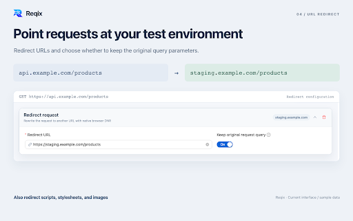 Reqix – API Mock & HTTP Request Modifier :: Mock APIs from DevTools requests. Modify requests and responses, redirect URLs, and debug locally without an account.