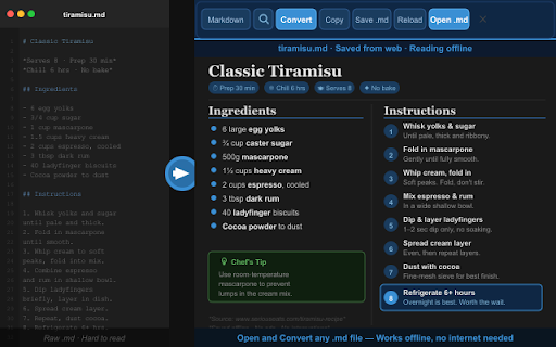 Online Markdown Viewer with HTML Preview :: A simple online markdown viewer that converts web pages or selected content to clean markdown. Preview in html and open .md files