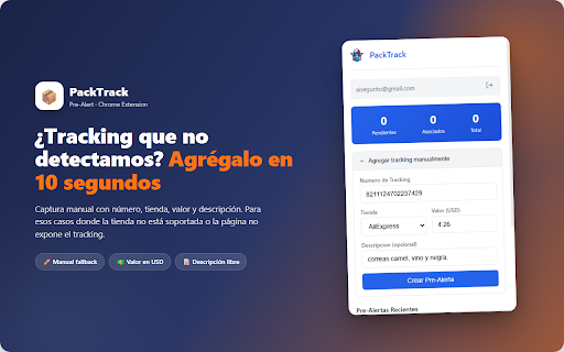 PackTrack Pre-Alert :: Crea pre-alertas automaticas para tu casillero al detectar compras en tiendas online soportadas. Anticipa que contiene cada paquete.