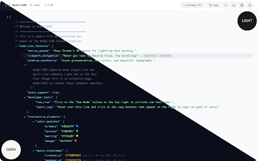 NodalJSON – Fast and Beautiful JSON viewer and formatter :: A fast, beautiful JSON viewer with tree navigation, JSONC support, color swatches, epoch hints, and smart copy actions.