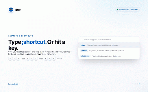 Bub – Voice Notes & Video for LinkedIn :: Send voice notes & native video from LinkedIn desktop. Plus AI rewrite and snippets. Free forever for SDRs.