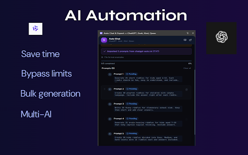 ChatGPT Bulk Prompts: CSV Queue to Word & PDF :: Run hundreds of ChatGPT prompts from CSV, TXT or JSON on autopilot, then export every answer into one clean Word or PDF document.