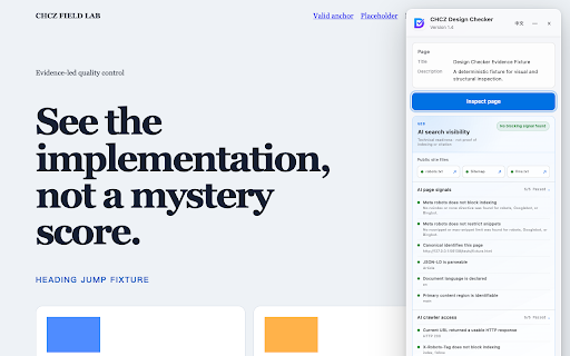 CHCZ Design Checker :: Inspect page implementation, WCAG text and icon contrast, and AI search visibility—on demand, without analytics.